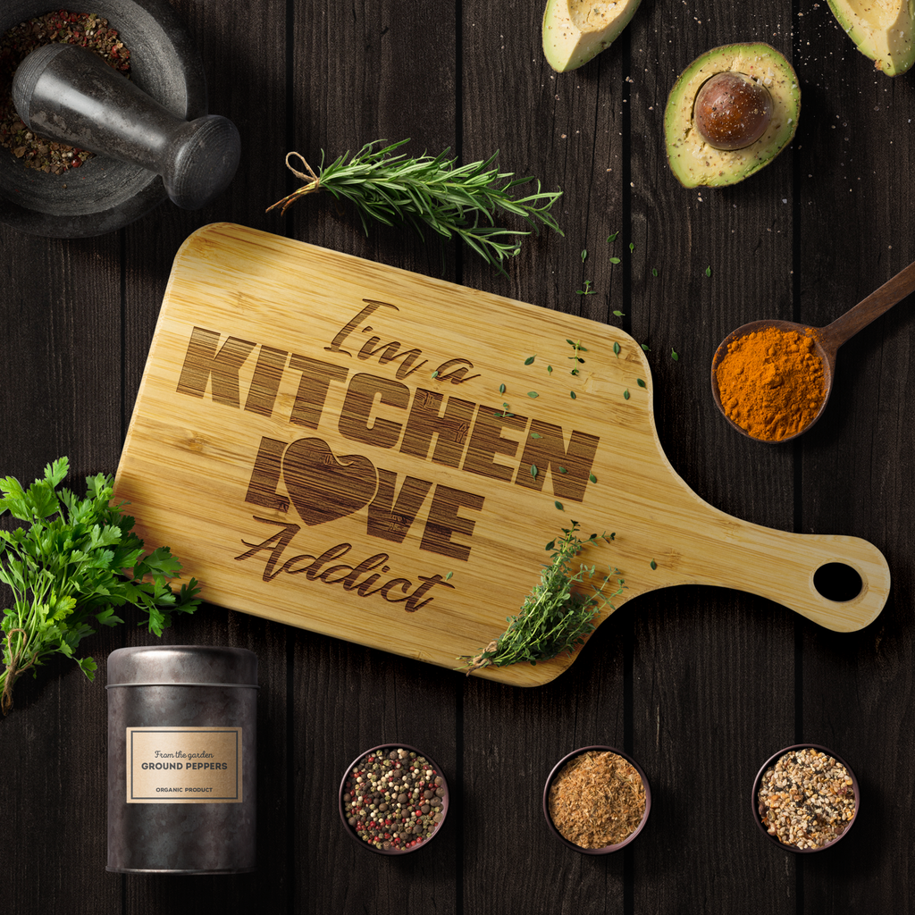I'm a Kitchen Love Addict Bamboo Cutting Board with Handle
